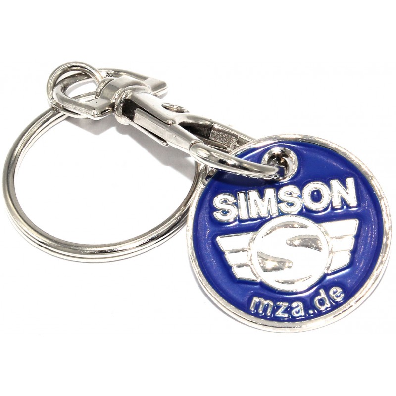Einkaufwagenchip aus Metall mit SIMSON-Logo Schlüsselanhänger beidseitig geprägt Ring mit Karabinerhaken inkl